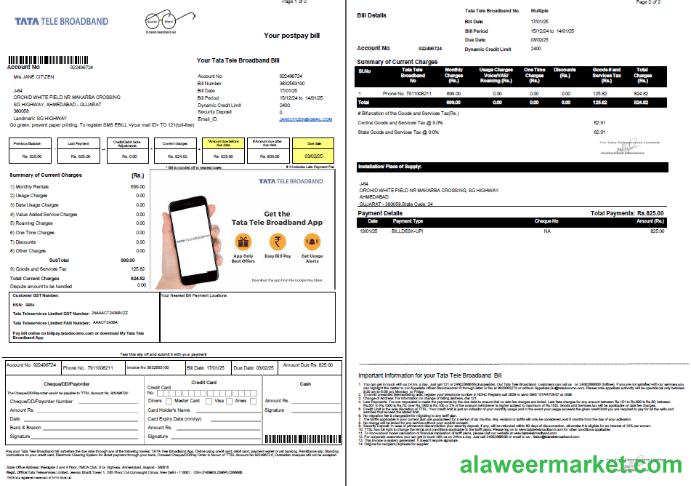 India Tata Tele Broadband utility bill template in Word and PDF formats, 2 pages